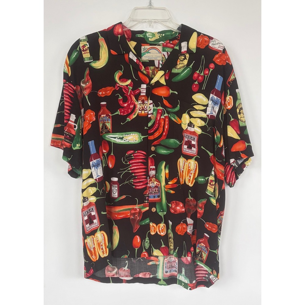 Vtg Paradise Found Hot Sauce Chili Pepper Hawaiian Shirt Men Blk Short Sleeve L